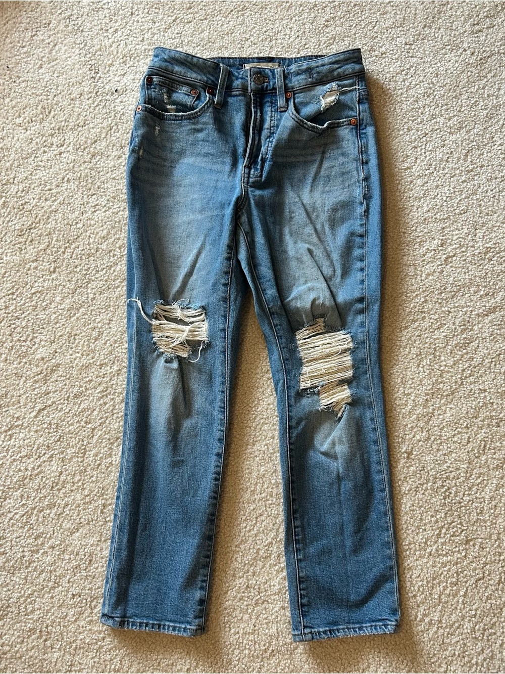 Madewell Mid-Blue Ripped Straight-Leg Jeans